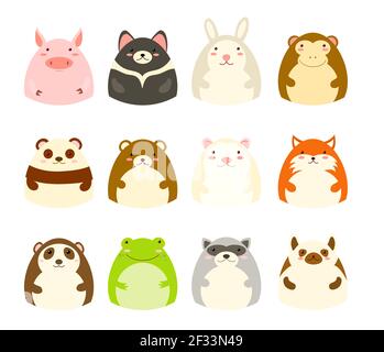 Symbol „Sammlung von Mitgliedern“. Set von Avataren Ikonen mit niedlichen Tieren - Schwein, Tasmanischer Teufel, Kaninchen, Affe, Panda, Hamster, Fuchs, Lemur, Frosch, Waschbär, Stock Vektor