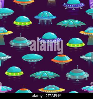 UFO Vektor nahtlose Hintergrund mit Cartoon-Muster von Alien-Raumschiff. Raumschiffe, Raketen, nicht identifizierte Flugobjekte und Untertassen mit Glaskuppeln Stock Vektor