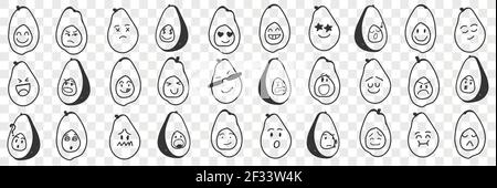 Lustige Avocado Emoji Doodle Set. Sammlung von Hand gezeichnet verschiedene Avocado Früchte mit lustigen niedlichen Gesichter mit verschiedenen Ausdrücken emoticon isoliert auf transparentem Hintergrund Stock Vektor
