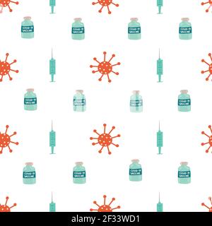 Covid Impfstoffflasche Spritze Coronavirus nahtlose Vektor-Muster. Wiederholende Hintergrundimpfung Dosis handgezeichnete Illustration. Halten Sie Covid Stock Vektor