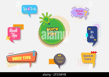 Quick tips, tip, Trick, FAQ, Q&A Aufkleber Design Element mit Blase Nachricht, Glühbirne Symbol Stock Vektor