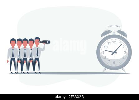 Geschäftsmann steht vor der Uhr. Ein Geschäftsmann, der in die Zukunft schaut. Mann mit Teleskop auf der Suche nach Erfolg, Chancen, zukünftige Geschäftstrends. Stock Vektor