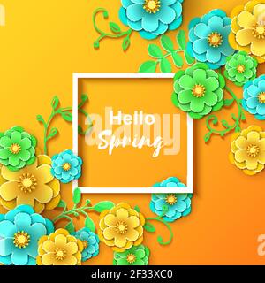 Papier geschnitten Blumen Hintergrund mit weißem Rahmen. Origami-Konzept, Vektor-Karte Illustration. Hintergrund mit Papierblumen und Platz für Text, für Hochzeit Stock Vektor