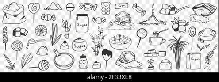 Zucker und Zutaten für Süßigkeiten Doodle Set. Sammlung von handgezeichneten essbaren Süßzucker Mehl Pflanzen für das Kochen Süßigkeiten oder Süßspeisen Desserts isoliert auf transparentem Hintergrund Stock Vektor