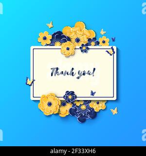 Dankeskarte mit Papierschnitt Blumen und Schmetterling auf blauem Hintergrund. Origami-Konzept, Vektor-Illustration. Flyer mit Papierblumen und Platz für Stock Vektor