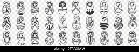 Russische Puppe matryoshka Doodle Set. Sammlung von Hand gezeichnet verschiedenen russischen traditionellen nationalen Puppe matryoshka mit Mustern auf transparentem Hintergrund isoliert dekoriert Stock Vektor