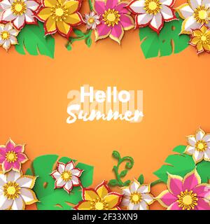 Papier geschnitten Blumen Rand, Origami-Konzept, Vektor-Karte Illustration. Orangefarbene Kulisse mit Papierblumen Blätter und Platz für Text, für Hochzeit Stock Vektor