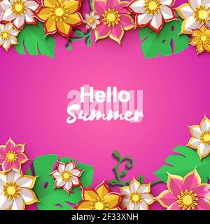 Papier geschnitten Blumen Rand, Origami-Konzept, Vektor-Karte Illustration. Rosa Hintergrund mit Papierblumen Blätter und Platz für Text, für Hochzeit Stock Vektor