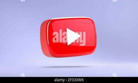 Valencia, Spanien - März, 2021: Isolierte YouTube-Play-Taste in 3D Rendering. Sie Rohr Video-Symbol, Logo-Symbol rot Banner, Social Media Zeichen, mobile AP Stockfoto