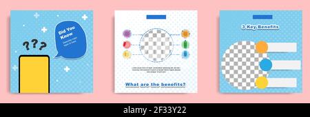 Social Media Tutorial, Tipp, Trick, Quick Tips, Layout-Vorlage mit geometrischen Hintergrund-Design in blau, weiß, gelb. Vektorgrafik Stock Vektor