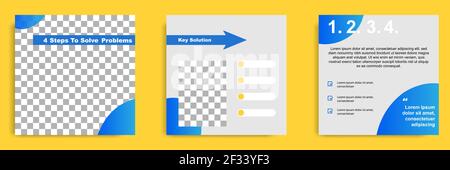 Social Media Tutorial, Tipp, Trick, Quick Tips, Layout-Vorlage mit geometrischen Hintergrund-Design in blau, weiß, gelb. Vektorgrafik Stock Vektor