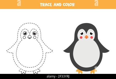 Spur und Farbe niedlichen Pinguin. Lernspiel für Kinder. Schreiben und Färbung Praxis. Stock Vektor