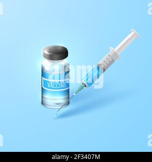 Impfstoff gegen COVID-19 Coronavirus. Realistische transparente Spritze und Medikamentenflasche. Vektorgrafik. Stock Vektor