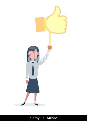 Glückliche Geschäftsfrau mit Preis Daumen nach oben Zeichen. Geschäftsfrau hält den Preis über Kopf. „Gefällt mir“ und positives Feedback-Konzept. Stock Vektor