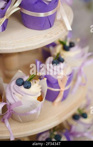 Vanille Cupcakes mit Lavendelcreme. Thematische Muffins. Cupcakes mit Sahne in Papiertulip Form, mit Heidelbeeren, Rosmarin, Blumen, gebunden verziert Stockfoto