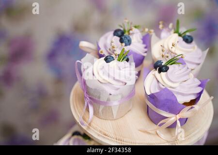 Vanille Cupcakes mit Lavendelcreme. Thematische Muffins. Cupcakes mit Sahne in Papiertulip Form, mit Heidelbeeren, Rosmarin, Blumen, gebunden verziert Stockfoto