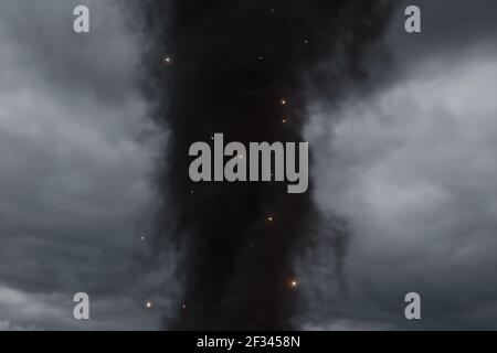 3d-Rendering von dicken grauen Wolken von Rauch umgeben Funken glühen Stockfoto