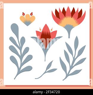 Stilisierte florale Elemente isoliert. Zum Erstellen von Mustern und Dekorieren von Designs. Petrikovskaya Malerei. Vektorgrafik. Stock Vektor