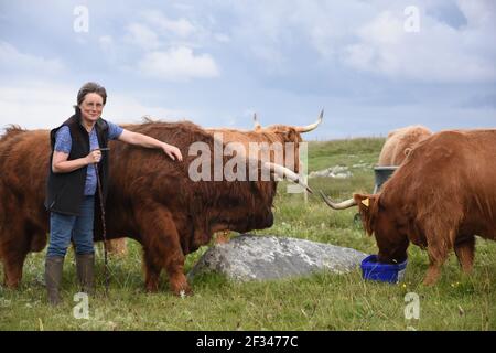 Bäuerin, Lesley Matheson, Highland Cattle, Isle of Lewis, Western Isles, Schottland. VEREINIGTES KÖNIGREICH Stockfoto