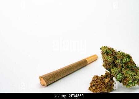 Nahaufnahme verschreibungspflichtiger medizinischer Marihuanablüten und vorgerollter Gelenke. CBD-Cannabis-Knospen-Fotografie für das Verteilungsmenü. Medizinischer Marihuana-Stamm THC. Stockfoto