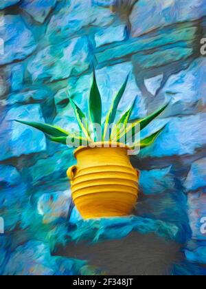 Digitale Malerei einer gelb-grünen Blume in einem Glas mit Blauer Hintergrund - Maleffekt Stockfoto