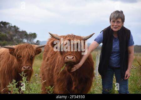 Bäuerin, Lesley Matheson, Highland Cattle, Isle of Lewis, Western Isles, Schottland. VEREINIGTES KÖNIGREICH Stockfoto