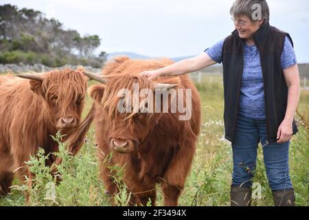 Bäuerin, Lesley Matheson, Highland Cattle, Isle of Lewis, Western Isles, Schottland. VEREINIGTES KÖNIGREICH Stockfoto