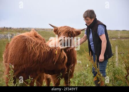 Bäuerin, Lesley Matheson, Highland Cattle, Isle of Lewis, Western Isles, Schottland. VEREINIGTES KÖNIGREICH Stockfoto