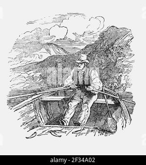 Eine Karikatur aus dem 19th. Jahrhundert, die einen Angler zeigt, der vor der Küste von Connemara rudert, Grafschaft Galway, Irland Stockfoto