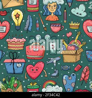 Handgezeichnetes Vektor-Nahtloses Muster mit Kritzelabbildungen. Dekorativer Hintergrund. Stock Vektor