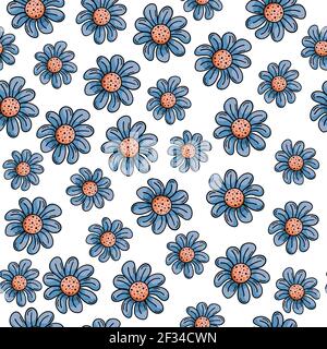 Handgezeichnetes Vektor-Nahtloses Muster mit Kritzelabbildungen. Blaue Blüten mit Blütenblättern, Gänseblümchen. Dekorativer floraler Hintergrund. Stock Vektor