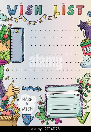 Vektor-Doodle-Vorlage mit kreativen Illustrationen und Schriftzügen. Wunschliste, Träume. Stock Vektor
