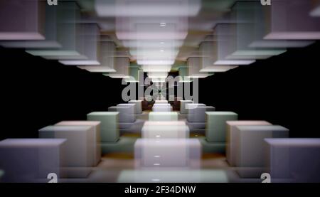 3D Render eines abstrakten Tunnels aus Farbwürfeln Stockfoto