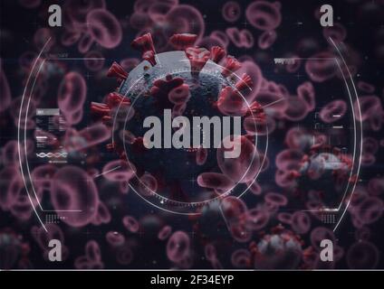 Zusammensetzung von covid 19 und roten Blutkörperchen über dem Umfang Und Datenverarbeitung Stockfoto