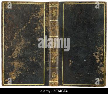 Antiker offener Bucheinband - braunes Leder mit goldenen Verzierungen - um 1792 - perfekt im Detail! Stockfoto