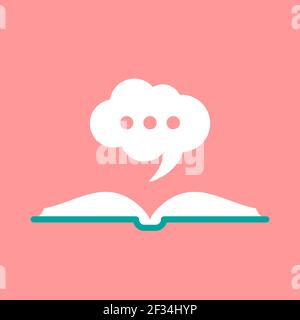 Offenes Buch mit grünem Buchdeckel und weißer Sprechblase. Isoliert auf rosa Hintergrund. Symbol für flache Anzeige. Vektordarstellung. Angebotsprotokoll Stock Vektor