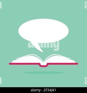 Offenes Buch mit rotem Buchdeckel und weißer Sprechblase. Isoliert auf pulverblauem Hintergrund. Symbol für flache Anzeige. Vektordarstellung. Quotatio Stock Vektor