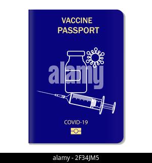Blauer Vektor-Impfstoff-Pass. Dokument für den Tourismus in der Zeit Pandemie Covid-19. Vektorgrafik Stock Vektor