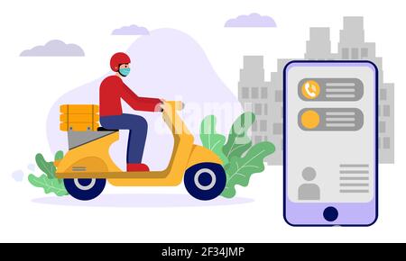 Mobile Fast Food Delivery App und Lieferung Mann von Roller. Vektorgrafik Stock Vektor