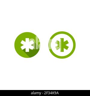 Quadratische Sternchen Fußnote in grünem Kreis. Symbole gesetzt. Sternchen. Flaches Symbol des Sternchens auf weißem Hintergrund isoliert. Vektorgrafik. Sterne nicht Stock Vektor