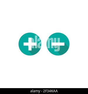 Plus- und Minuskreis flache Vektorsymbole isoliert auf weiß. Piktogramm hinzufügen oder kaufen. Gut für Web und mobiles Design. Blaue Knöpfe mit Schatten Stock Vektor