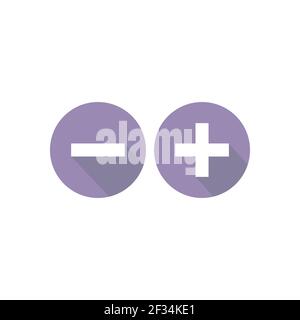 Plus- und Minuskreis flache Vektorsymbole isoliert auf weiß. Piktogramm hinzufügen oder kaufen. Gut für Web und mobiles Design. Blaue Knöpfe mit Schatten Stock Vektor
