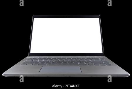 Laptop-Computer-PC mit leerem Bildschirm-Modell isoliert auf schwarzem Hintergrund. Laptop isolierter Bildschirm mit Clippin-Pfad. PC-Computer weißer Bildschirm mit Cop Stockfoto