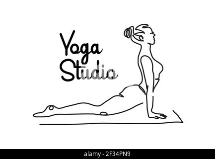 Yoga Studio einfaches Vektor-Schild, Poster, Banner. Eine kontinuierliche Linienzeichnung Illustration der Frau in nach oben schauender Hund Yoga-Pose Stock Vektor