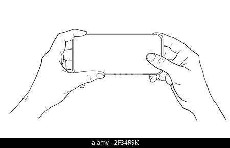 Mann hält Handy in den Händen. Darstellung der Umrisszeichnung. Skizze. Vektorgrafik Stock Vektor