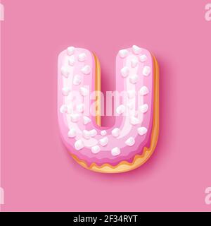 Donut Puderrosa obere streut - U Schriftart der Donuts. Bakery süße Alphabet. Donut Alphabet letzteren U isoliert auf rosa Hintergrund, Vektor-Illustration Stock Vektor