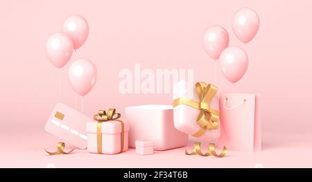 Rosa Hintergrund, goldene Geschenkboxen und Luftballons, Leerraum. Schlichtes, sauberes Design, minimalistischer Luxus-Mockup. 3D Rendern Stockfoto