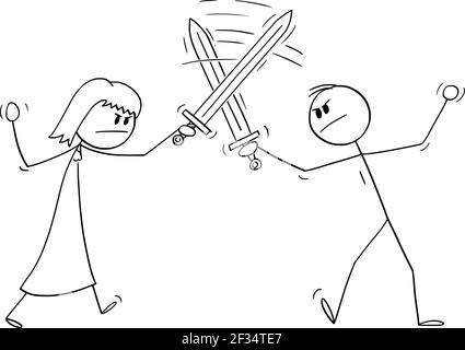 Mann und Frau kämpfen mit Schwertern, Beziehungsproblem. Vektor Cartoon Stick Abbildung Stock Vektor