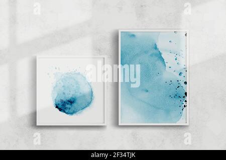 Abstrakte kreative blaue Aquarell handbemalte Illustration-Set. Präsentiert an einer Wand mit Schatten durch perfekt für die Gestaltung Wanddekorationen Stock Vektor