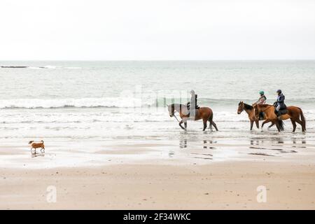 Red Strand, Cork, Irland. März 2021, 15th. Lisa Brinkmann, Niamh Morrison und Doris May reiten an einem ruhigen Morgen in Red Strand, Co. Cork, Irland. -Credit David Creedon / Alamy Live Nachrichten Stockfoto